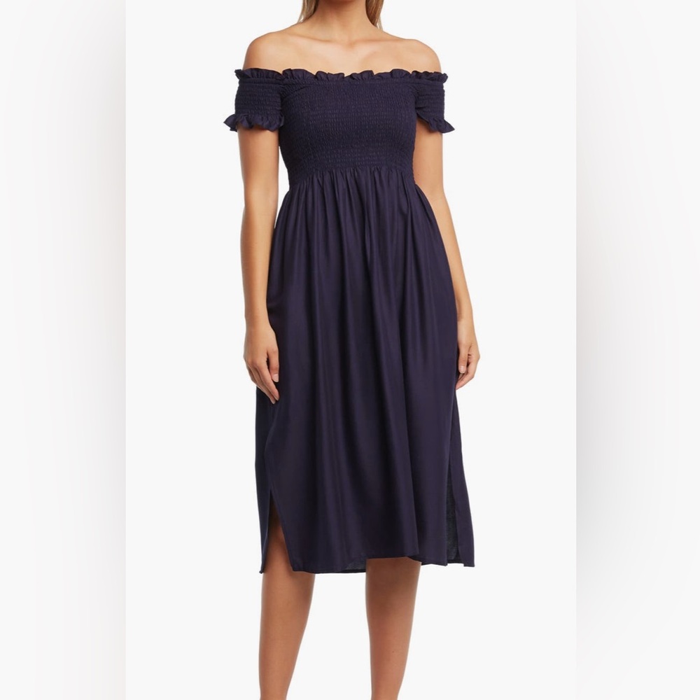 Bardot off the shoulder dress in navy, size 12/XL